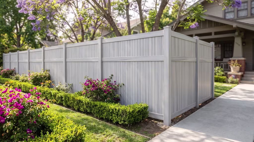 A concrete walk leads past Coastal Cedar vinyl vertical privacy fencing beneath this bungalow's jacaranda canopy