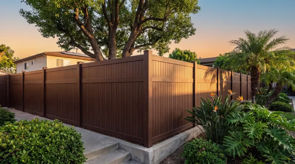 Poured-concrete steps border Dark Sequoia vinyl vertical privacy fencing beneath this courtyard property's queen palms