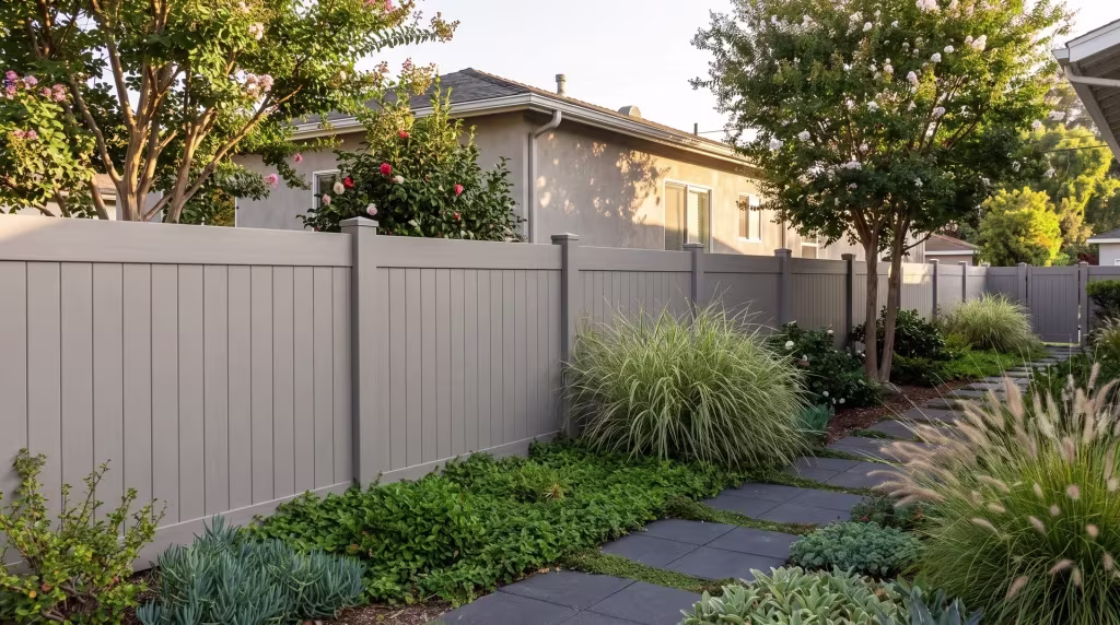Dark charcoal pavers soften a terraced hillside where Gray vinyl vertical privacy fencing passes crepe myrtle at this duplex