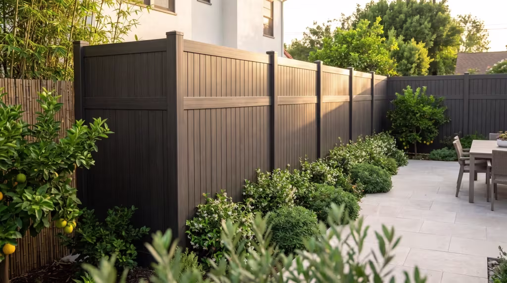 Pale stone paving surrounds this Dark Walnut vinyl fence, its vertical privacy boards beside a Spanish Revival terrace