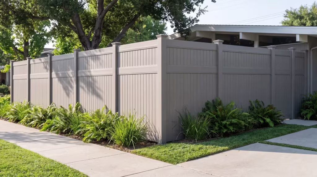 A concrete walk runs beneath coast live oak shade beside Gray vinyl vertical privacy fencing near this ranch home's yard