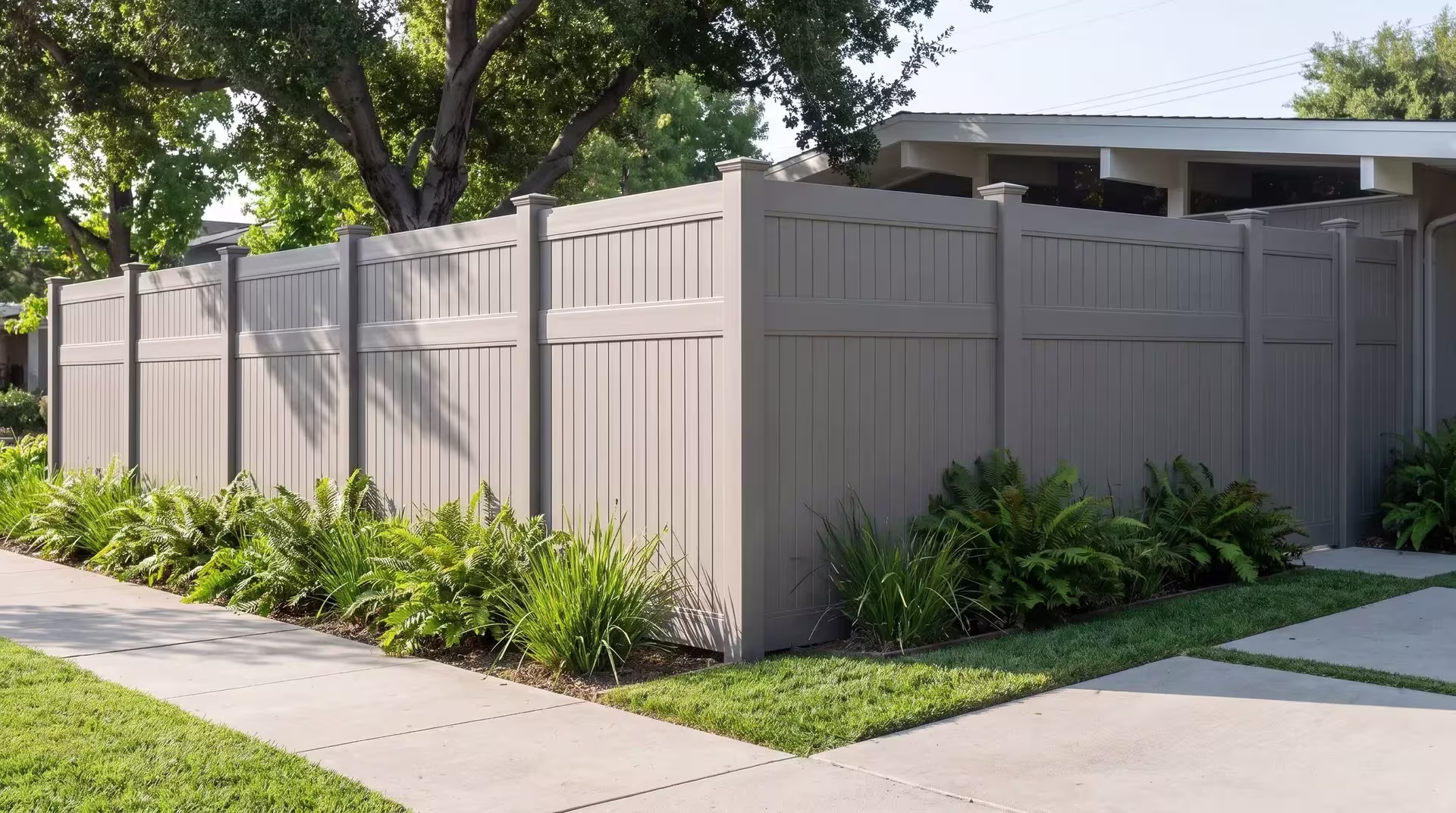 A concrete walk runs beneath coast live oak shade beside Gray vinyl vertical privacy fencing near this ranch home's yard