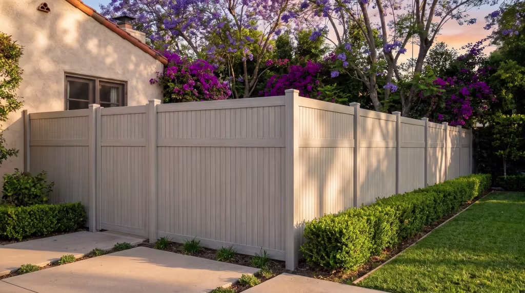 Warm concrete pavers run past Mesquite vinyl vertical privacy fencing beneath a jacaranda canopy at this Mediterranean home