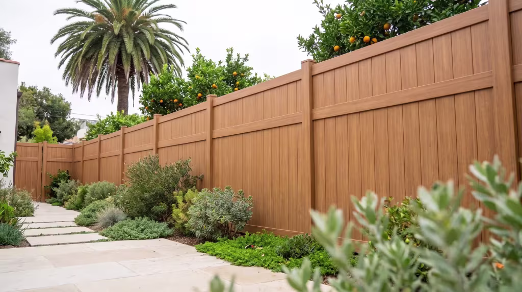 A tall fan palm shades this Sierra Blend vertical privacy vinyl fence beside a Spanish Revival home's stone paving