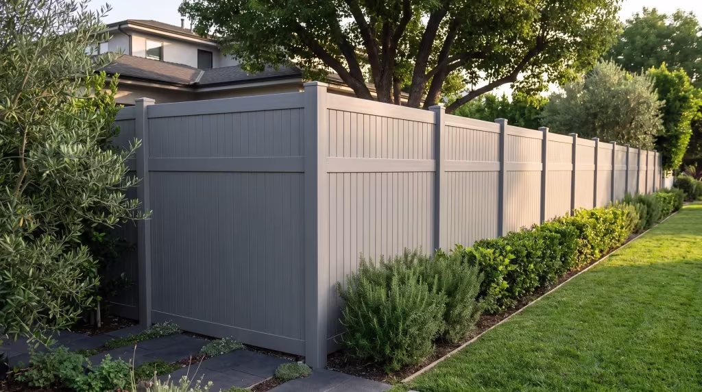 Charcoal pavers soften the shade-tree yard beside this Slate Gray vinyl fence, its vertical privacy boards at a modern home