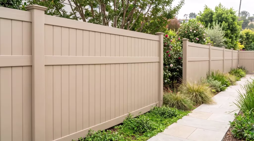 Crepe myrtle and camellias line Tan vinyl vertical privacy fencing along this narrow side yard at a hillside residence