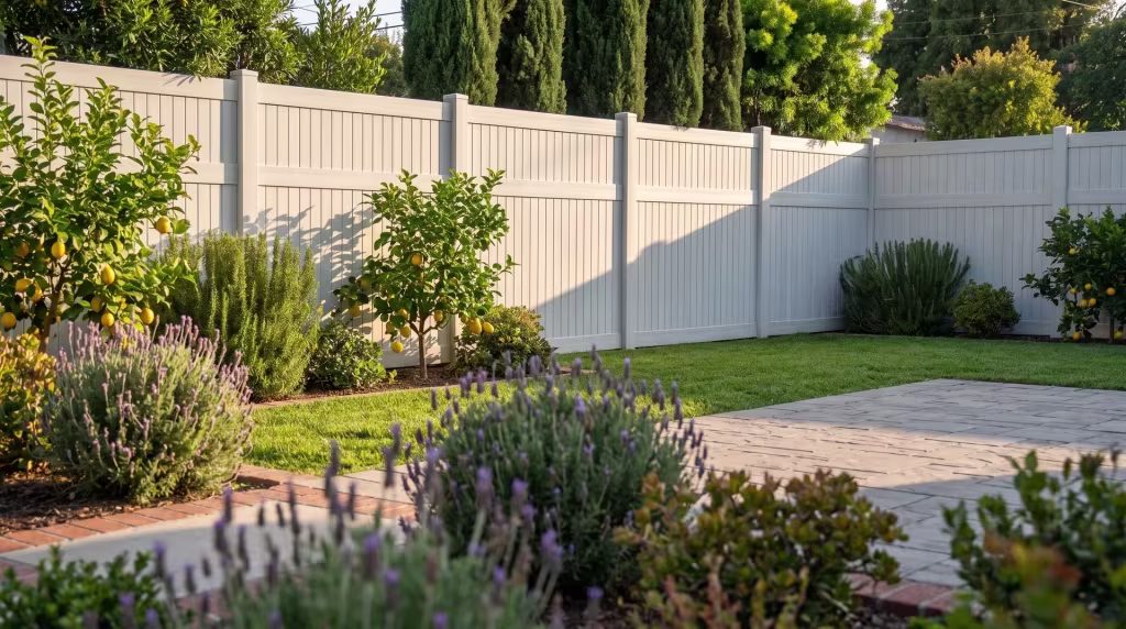 A brick-edged garden path runs past this duplex's Weathered Aspen vinyl fence, its vertical privacy boards near lemon trees