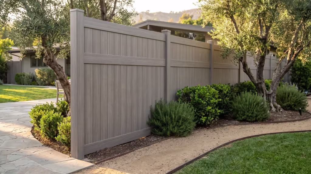 Mature olive trees shade Weathered Blend vertical privacy vinyl fencing along this ranch home's paved patio and granite path