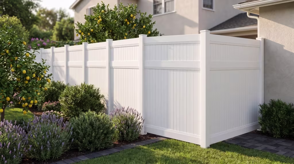 Lemon trees and lavender line a White vinyl vertical privacy fence beside this two-story home's narrow side yard