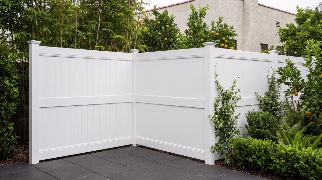 White vinyl fencing with vertical privacy boards wraps a Spanish Revival backyard past bamboo and star jasmine