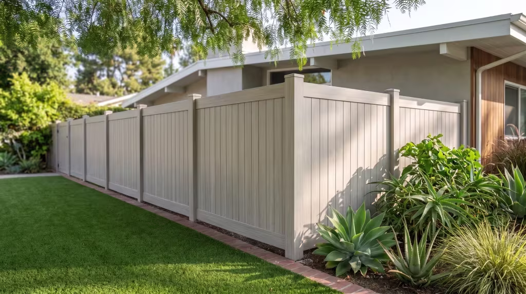 Mesquite vinyl vertical privacy fence lines a ranch backyard beneath a pepper tree canopy and succulents
