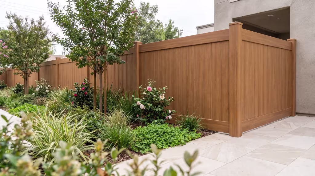 Crepe myrtle, camellias and flowering grasses fill a courtyard garden fenced in Sierra Blend vertical privacy vinyl