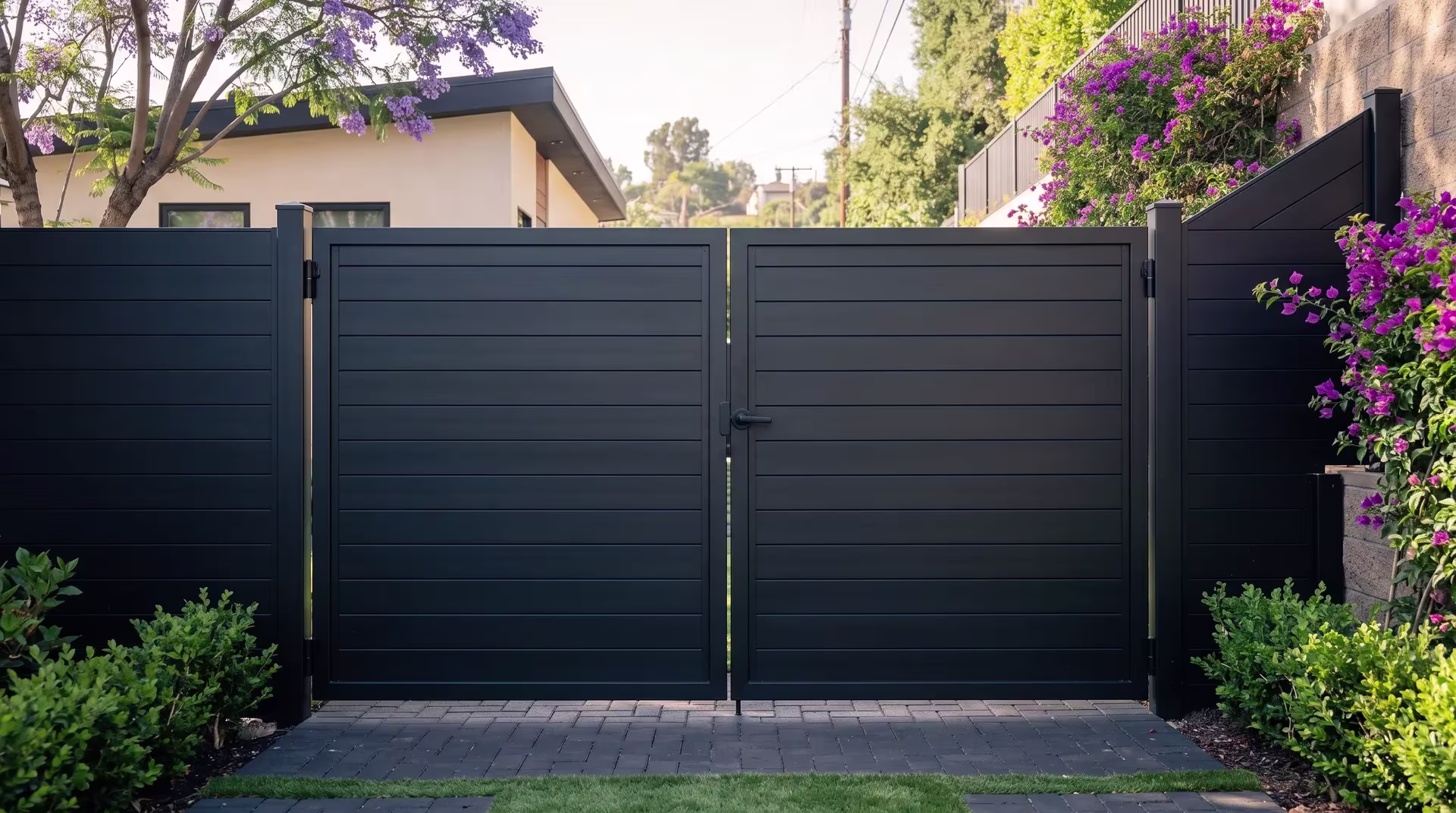 Black full privacy aluminum double gate closing a side path under a jacaranda canopy and bougainvillea