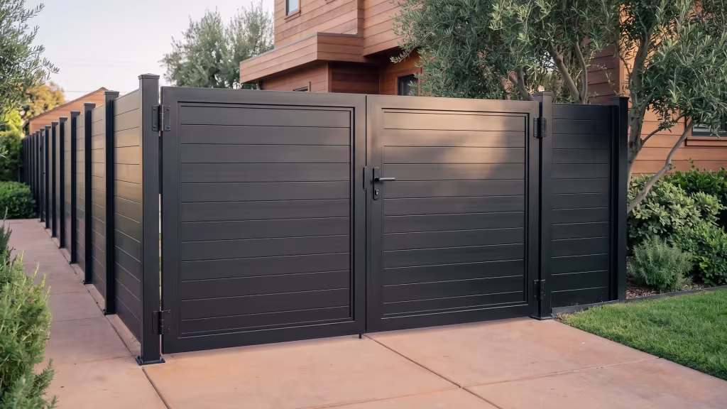 Full privacy double gate finished in Black aluminum, set beside a cedar toned coastal facade with olive trees