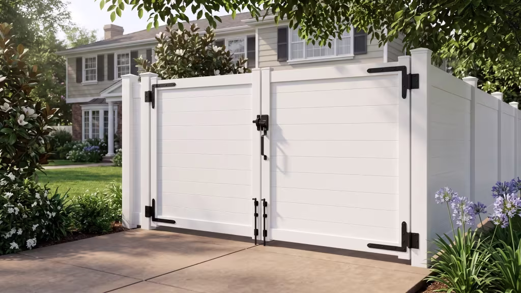 White full privacy aluminum double gate opening onto a rear service drive past magnolia and jasmine