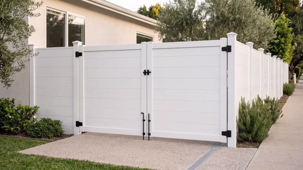 Full privacy double gate finished in White aluminum, crossing a pedestrian side path over exposed aggregate paving