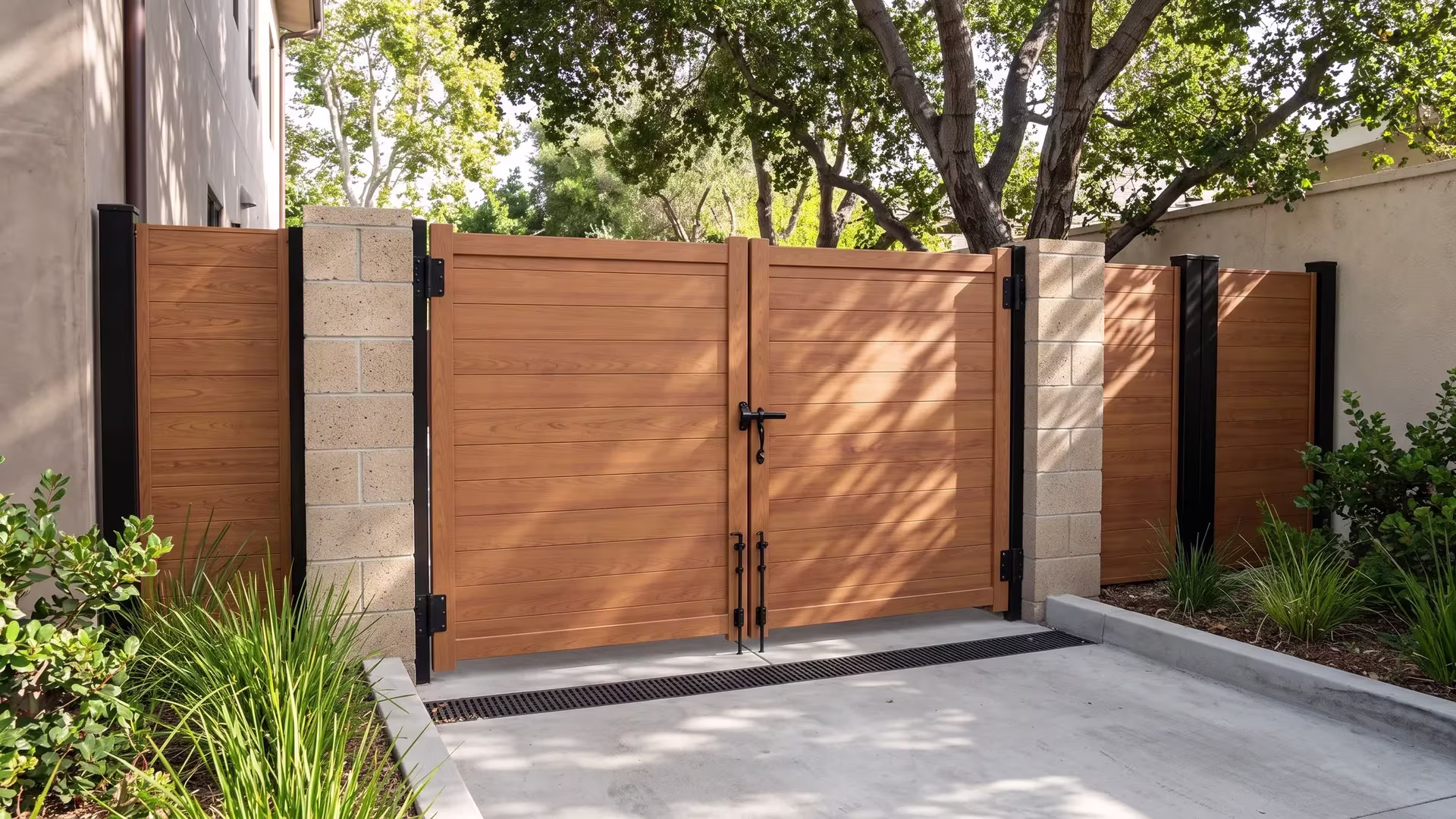 Woodgrain full privacy aluminum double gate centered between masonry columns under coast live oak shade