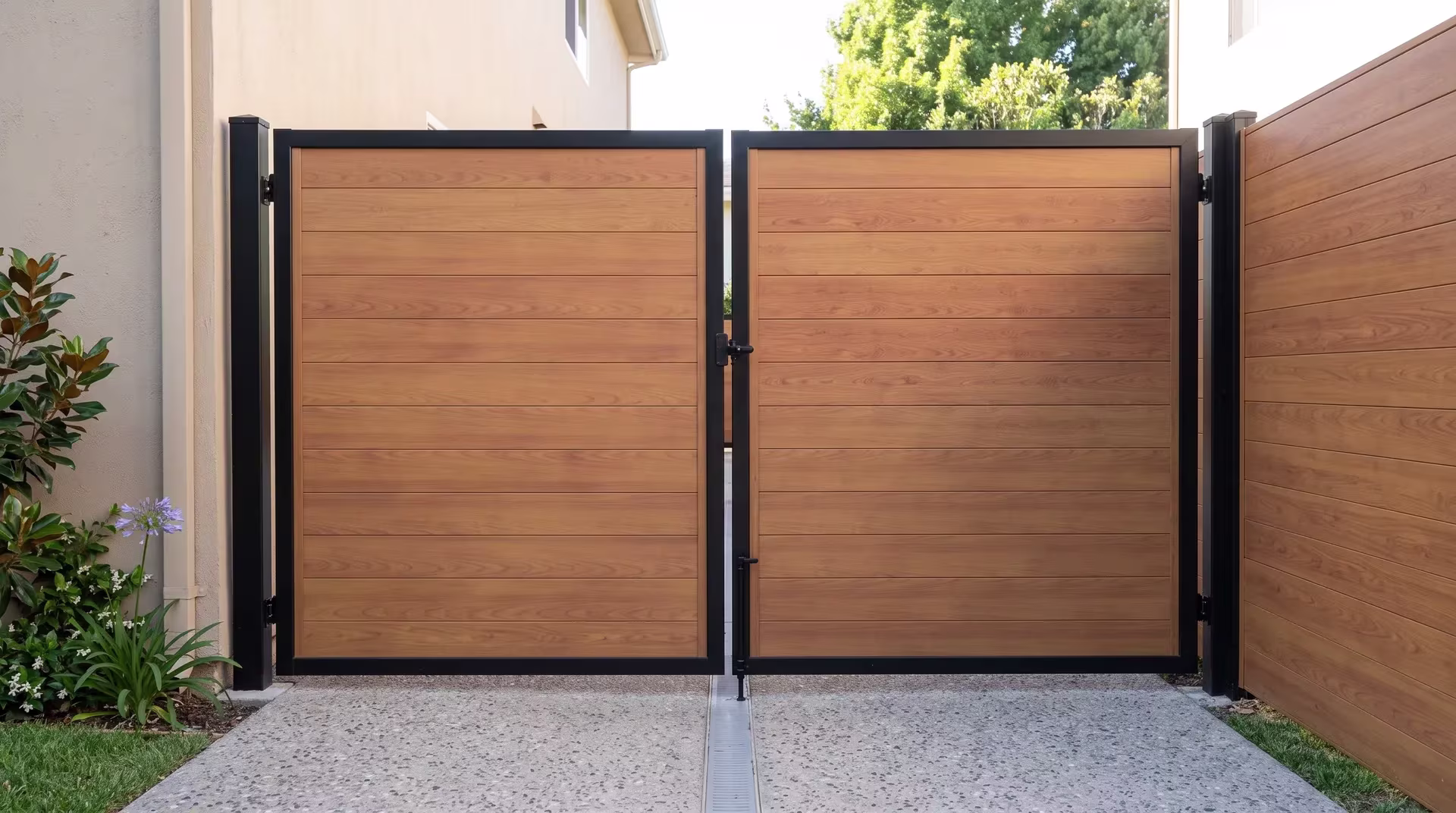 Full privacy double gate finished in Woodgrain aluminum, bounded by a building wall and a structural gate post