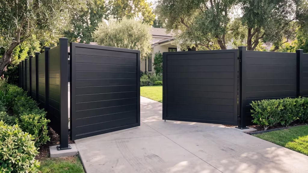 Black full privacy aluminum double opening gate spanning a driveway court screened by olive trees