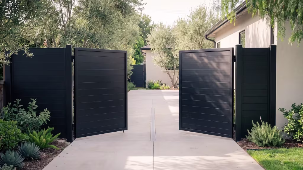 Black aluminum double opening gate closed solid for privacy, framed between a house wall and a matching fence post