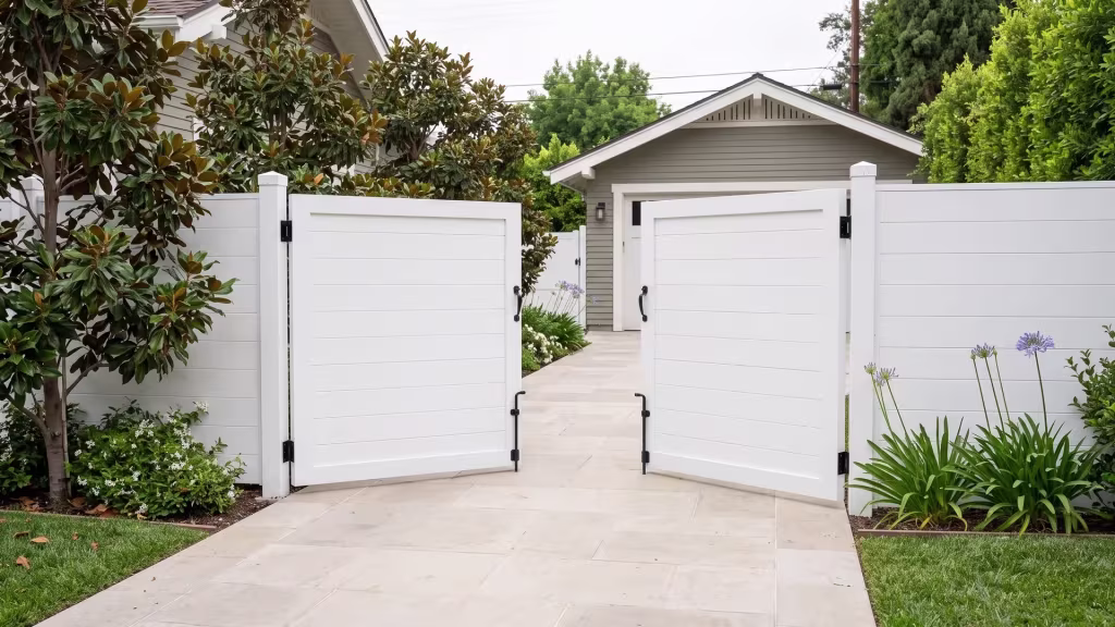 White double opening aluminum gate closed for full privacy, leading a side drive toward a detached rear garage