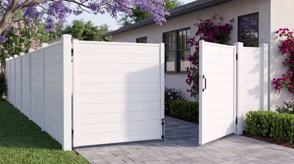 White full privacy double opening gate built in aluminum crossing a narrow side passage over gray unit pavers