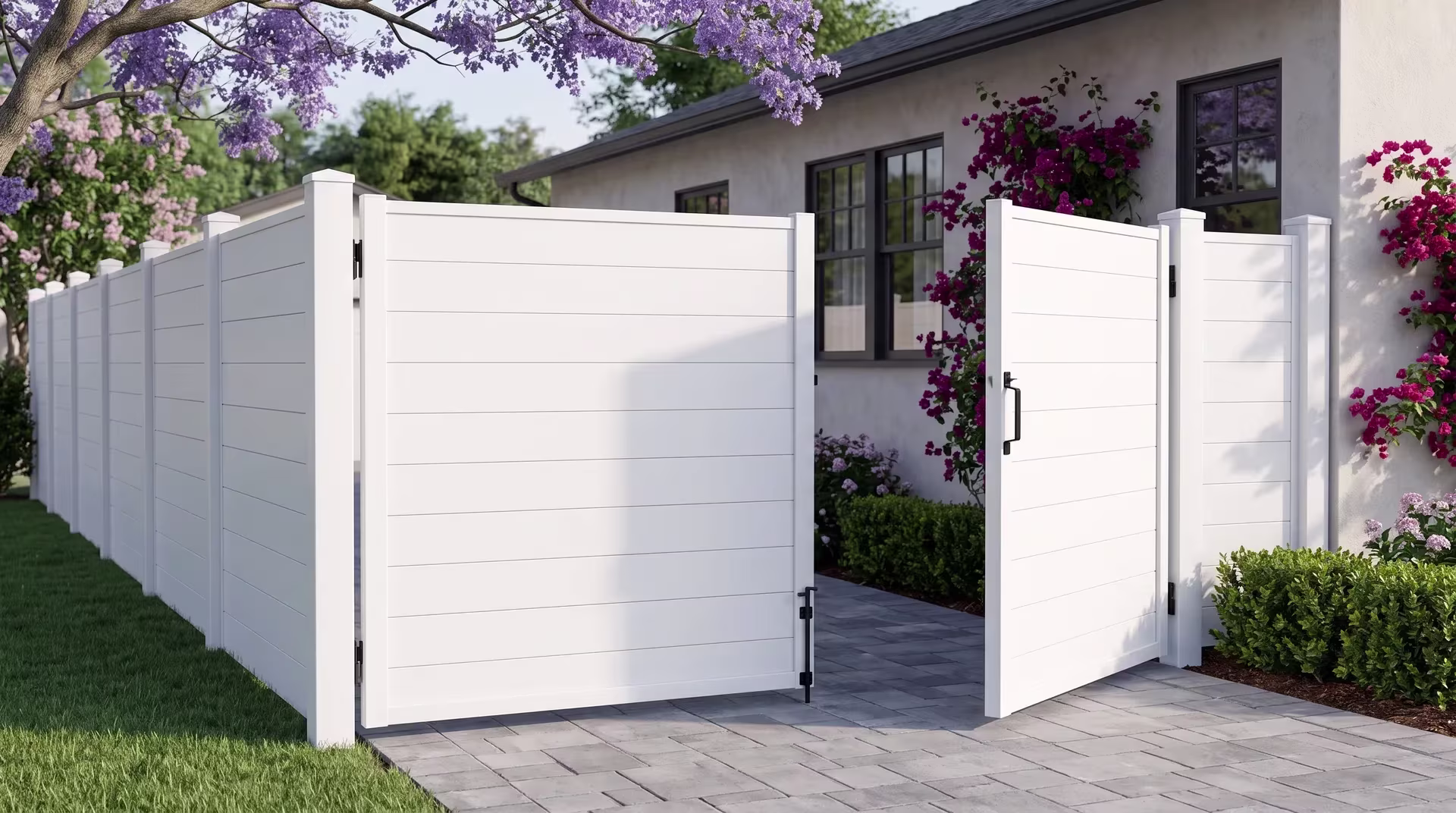 White full privacy double opening gate built in aluminum crossing a narrow side passage over gray unit pavers