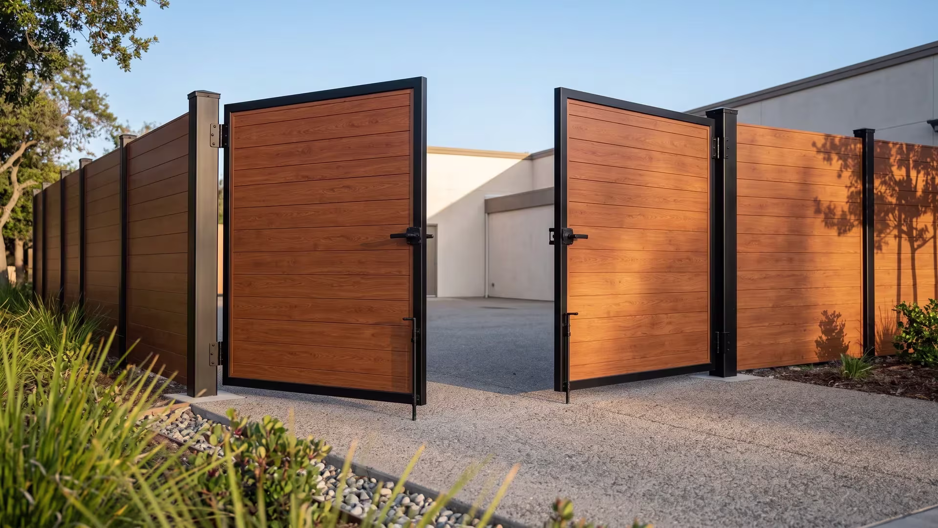 Woodgrain double opening aluminum gate closed solid for full privacy at a rear service entrance beside a bioswale