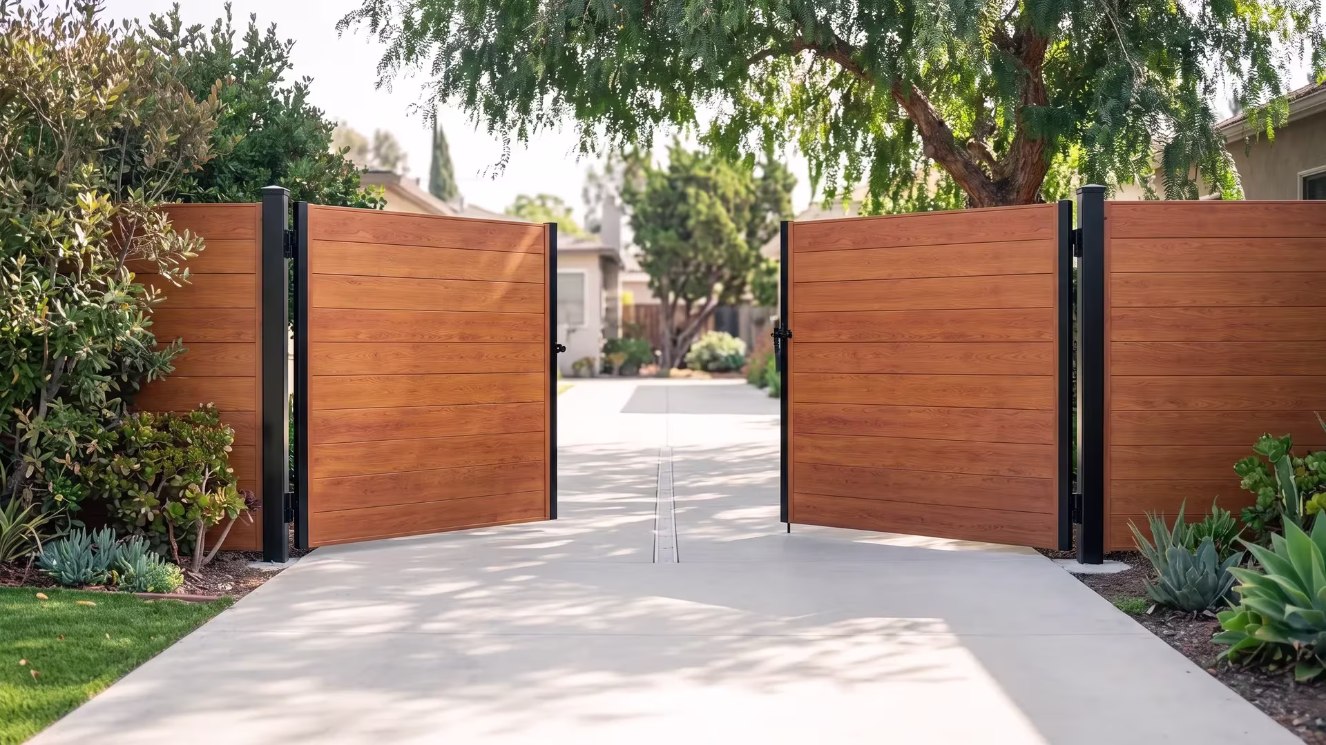 Woodgrain aluminum double opening gate in a full privacy style dividing a shared drive from a private side garden