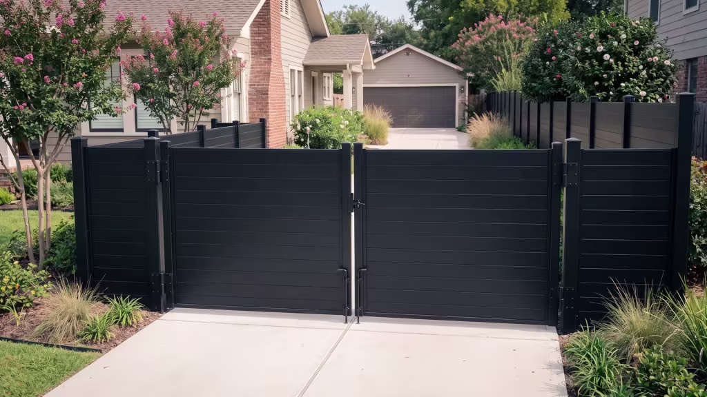 Black full privacy aluminum driveway gate framed by posts on a Craftsman property near a detached rear garage