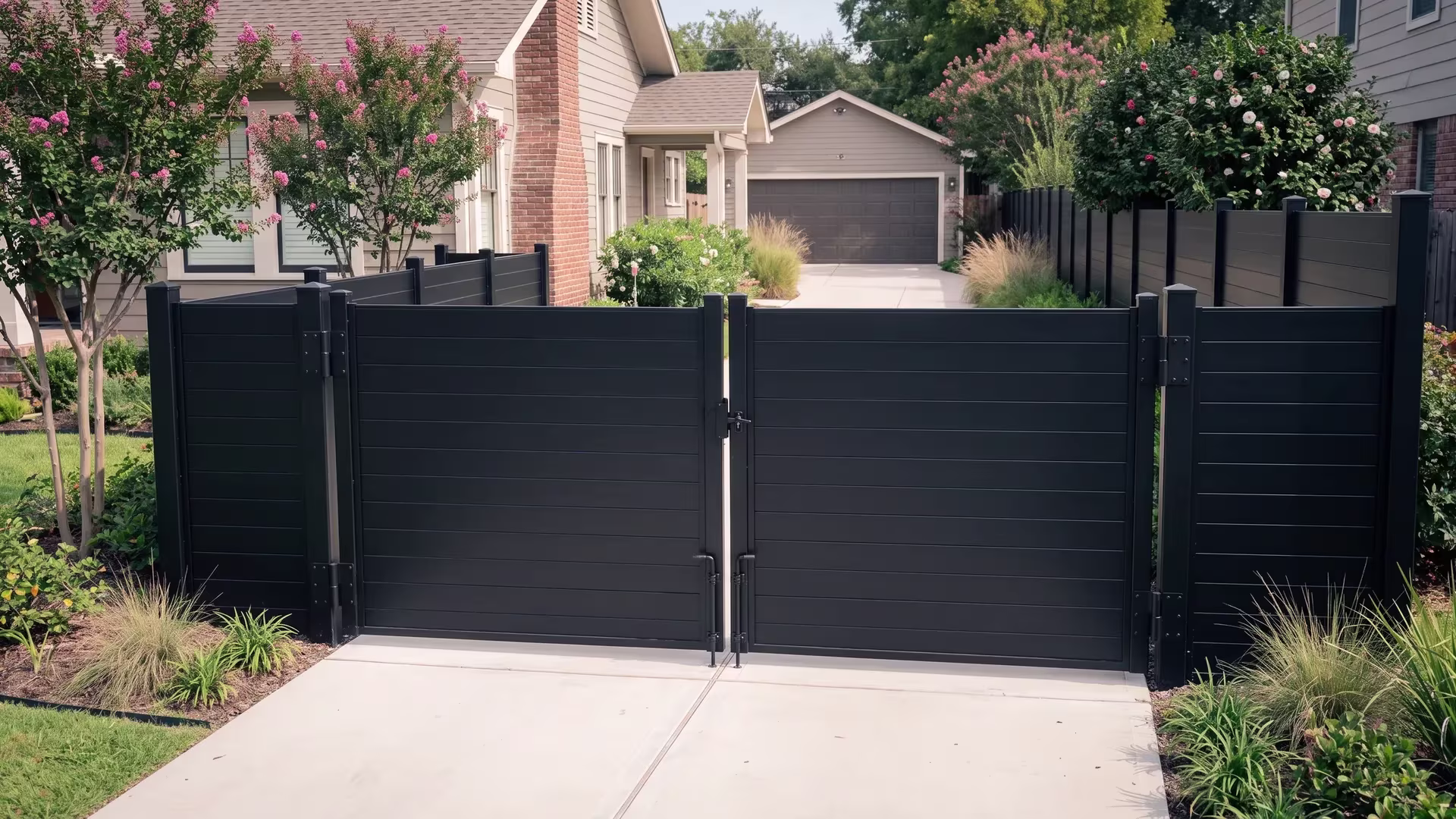 Black full privacy aluminum driveway gate framed by posts on a Craftsman property near a detached rear garage