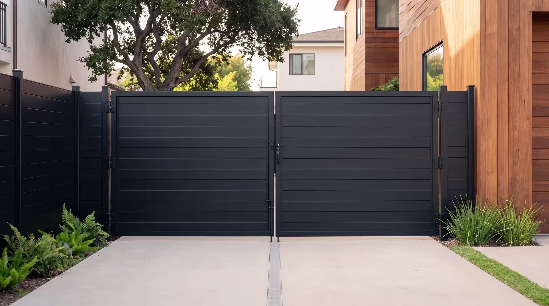 Full privacy aluminum driveway gate in Black, set into a fence line beside a cedar-toned coastal home facade