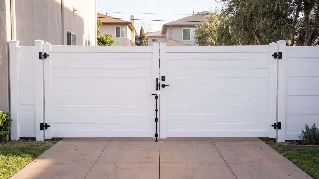 White full privacy aluminum driveway gate shown up close between structural posts at a multifamily rear parking entry