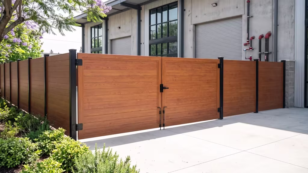 Woodgrain full privacy aluminum driveway gate at an oblique entrance to a gated commercial loading court
