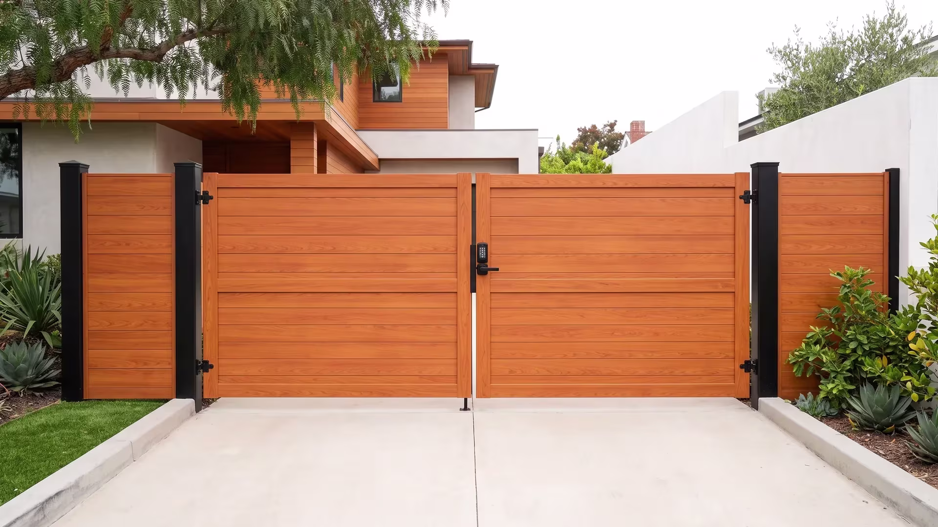 Full privacy aluminum driveway gate in Woodgrain, bounded on both sides by a matching fence at a coastal home