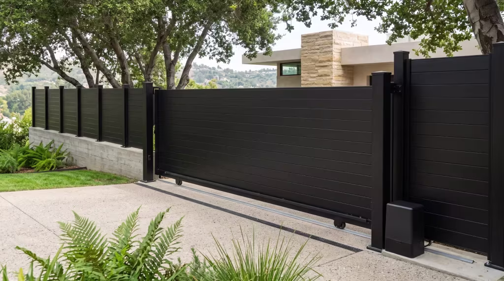 Black aluminum full privacy rolling gate closing off a parking terrace shaded by a coast live oak