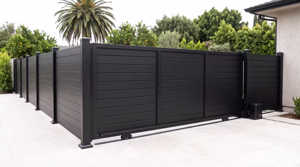 A Black full privacy aluminum rolling gate screens a driveway court beneath a tall fan palm
