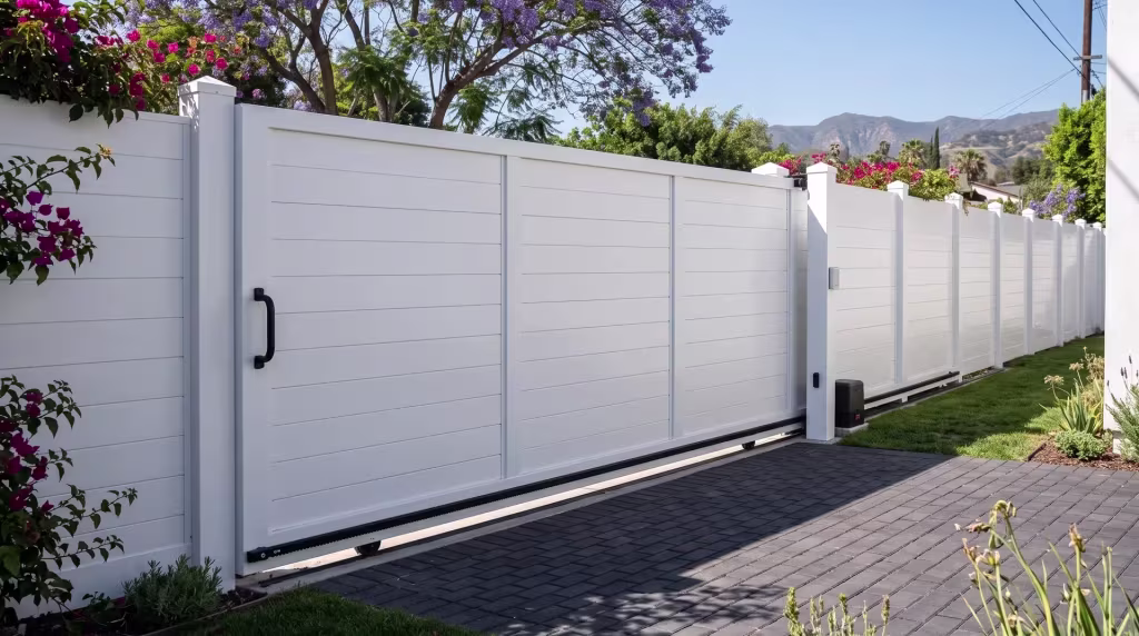 White aluminum full privacy rolling gate set at a Spanish bungalow's rear alley driveway entrance