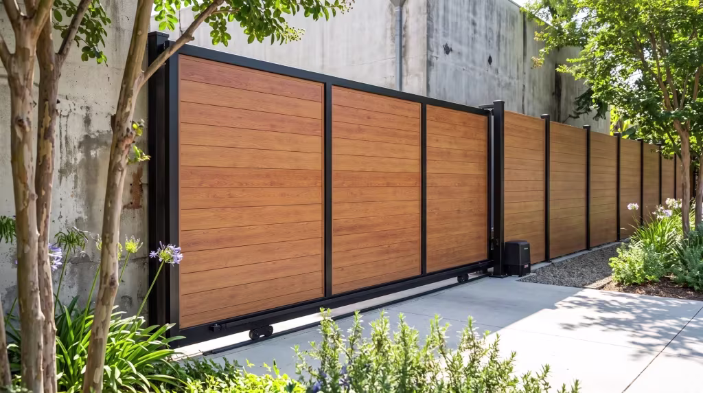 Woodgrain aluminum full privacy rolling gate at a cafe's side delivery entrance beside crepe myrtle