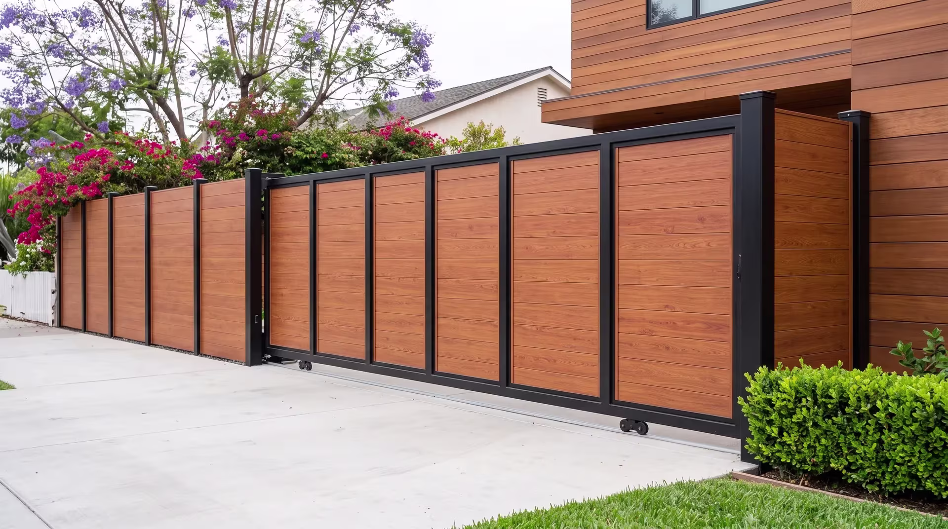 A Woodgrain full privacy aluminum rolling gate opens beside a cedar-toned facade on a coastal home's driveway apron
