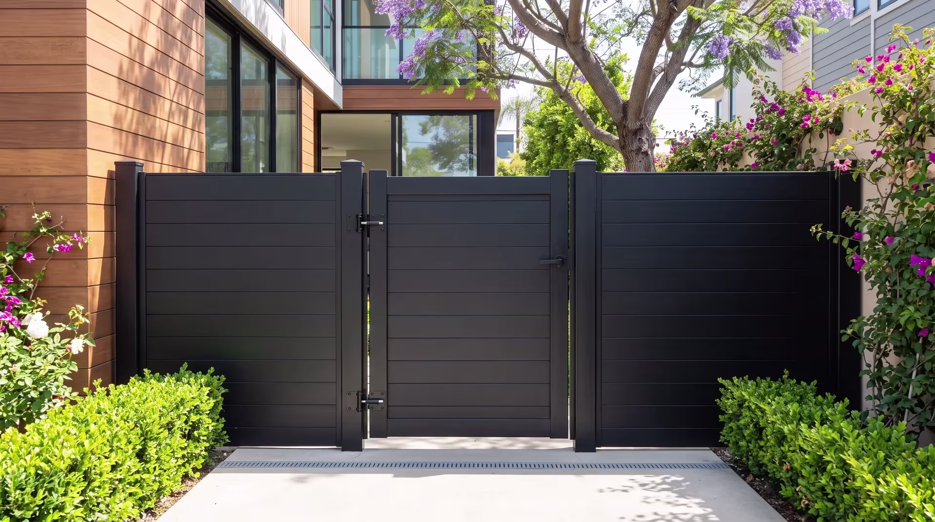 Black full privacy aluminum single side gate set into a side yard opening beside a cedar toned coastal facade
