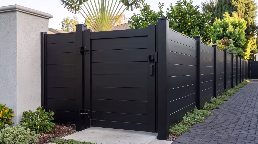 Black aluminum single side gate carrying full privacy infill opens off a rear drive paved with charcoal permeable pavers