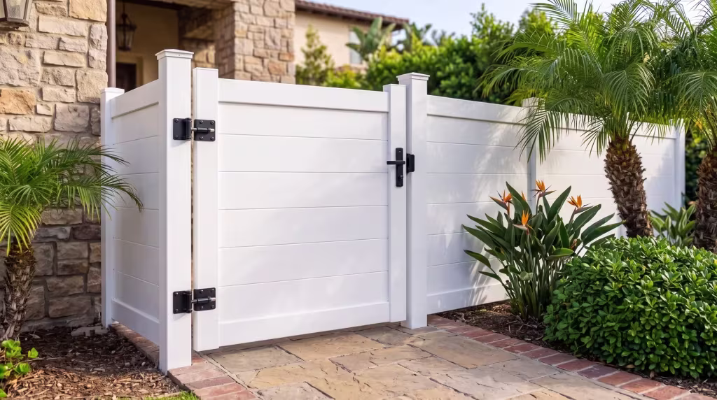 White aluminum single side gate finished with full privacy infill against a stone courtyard wall on a Mediterranean drive