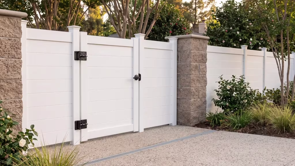 White aluminum single side gate with full privacy infill centered between masonry columns on a suburban driveway