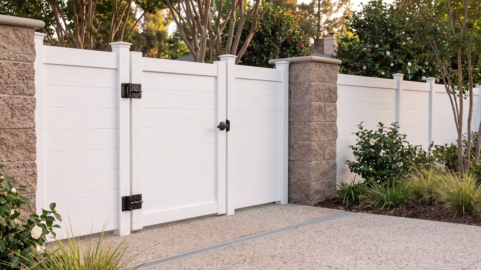 White aluminum single side gate with full privacy infill centered between masonry columns on a suburban driveway