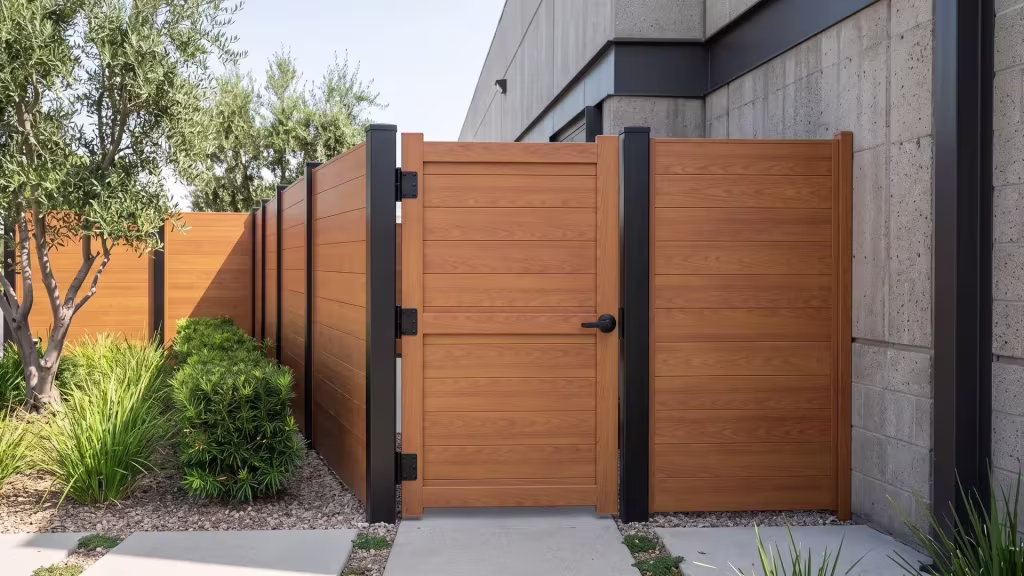 Woodgrain aluminum single side gate using full privacy infill marks a rear service entrance at a specialty food facility