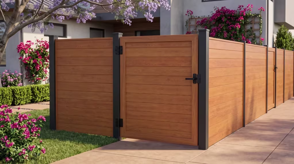 Woodgrain single side gate in full privacy aluminum infill closes a pedestrian side path along a planted boundary