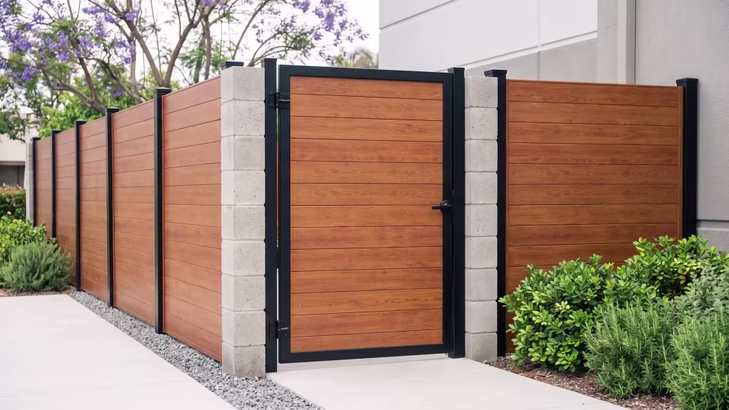 Woodgrain aluminum gate with full privacy infill opens beside drought aware planting at a design focused cafe entrance
