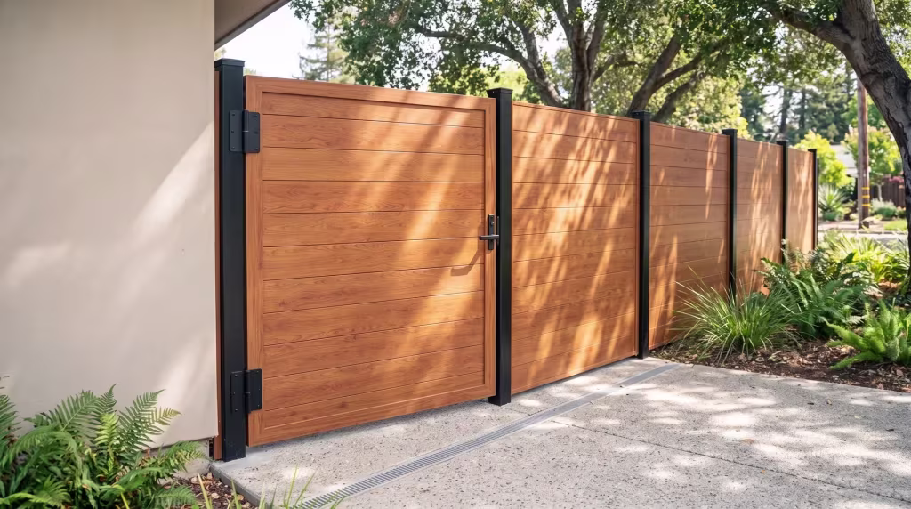 Woodgrain aluminum single side gate wrapped in full privacy infill, tucked beside a building wall under coast live oak shade