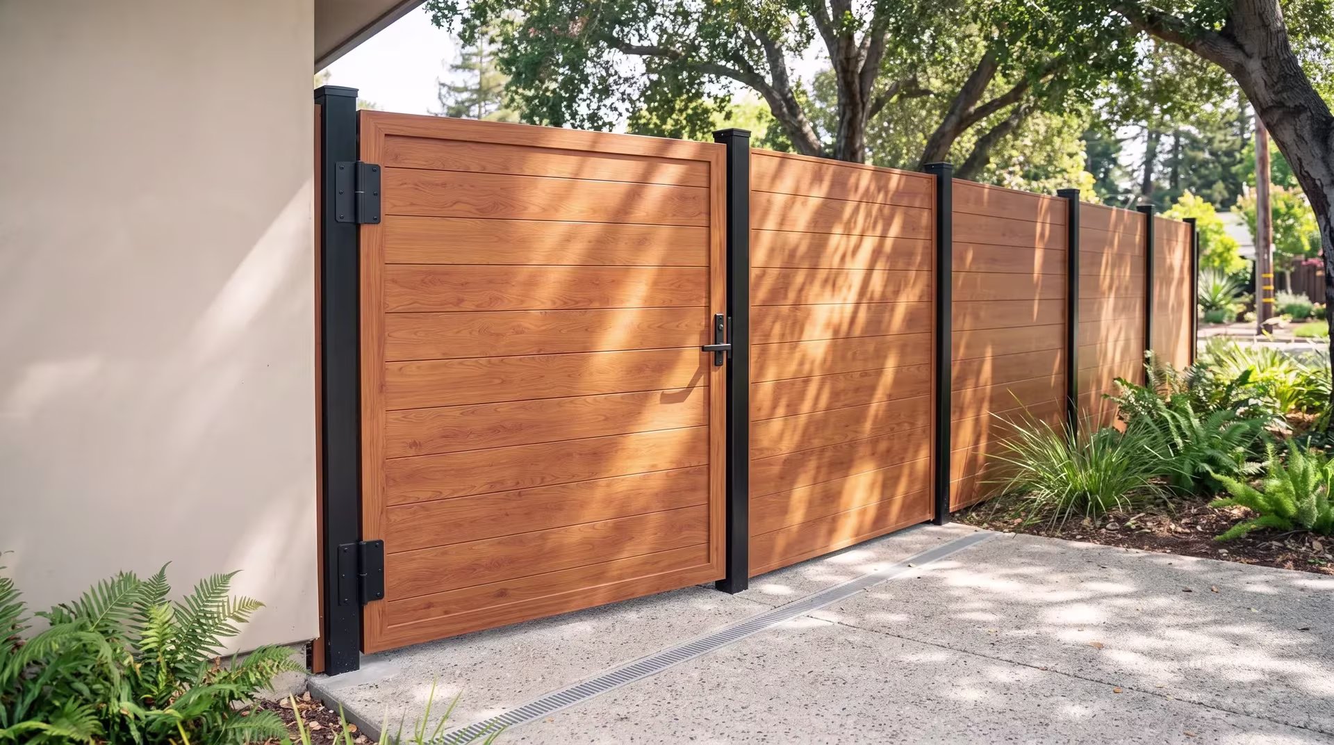Woodgrain aluminum single side gate wrapped in full privacy infill, tucked beside a building wall under coast live oak shade